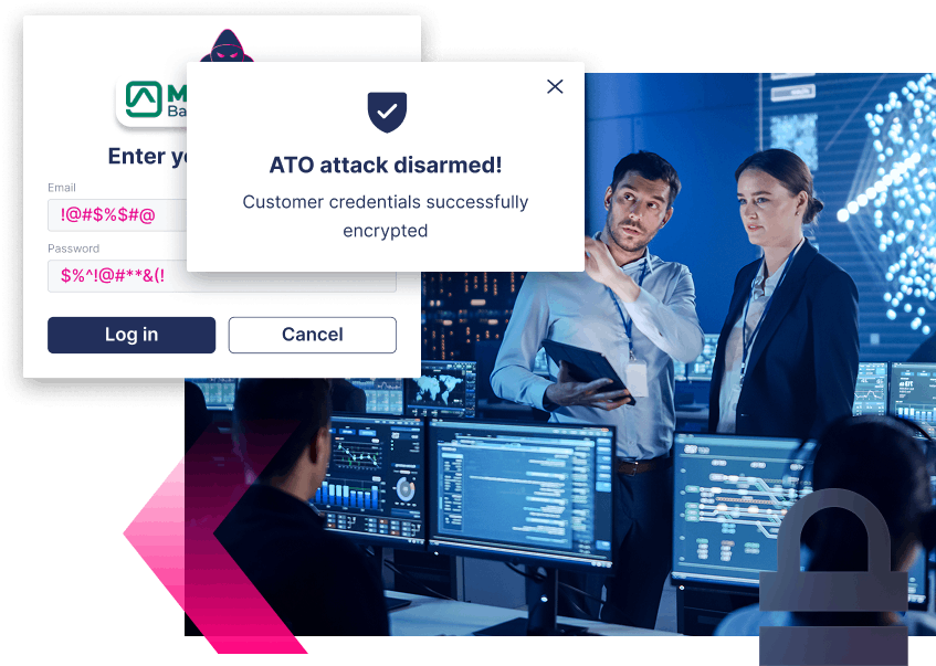 A pop-up message states "ATO attack disarmed! Customer credentials successfully encrypted" over a background of professionals in a cybersecurity control room, taking action to stop more ATOs and protect sensitive data.