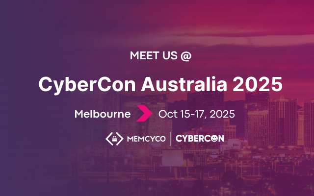 Event poster for CyberCon Australia 2025 in Melbourne, October 15-17, featuring Memcyco at CyberCon Australia 2025 against a striking cityscape background.